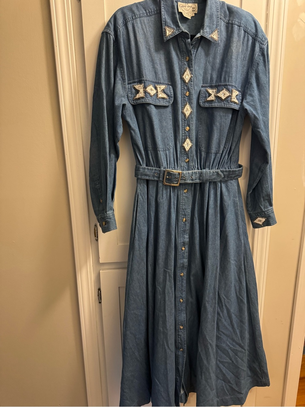 I.C. Shirt Dress Denim Maxi Dress L Beaded Western Southwestern Belted vintage